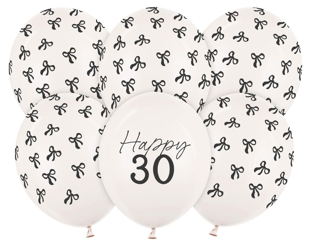 Luftballons 30cm mit Happy 30 & Schleifen Motiv 6er Set Weiß Schwarz