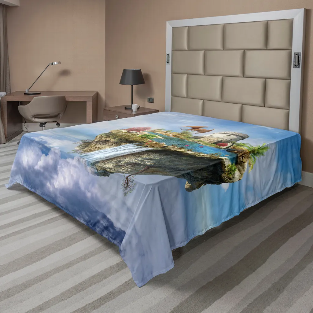 Drap de Dessus Doux Motif Île Fantastique et Tour Magique 244x205cm