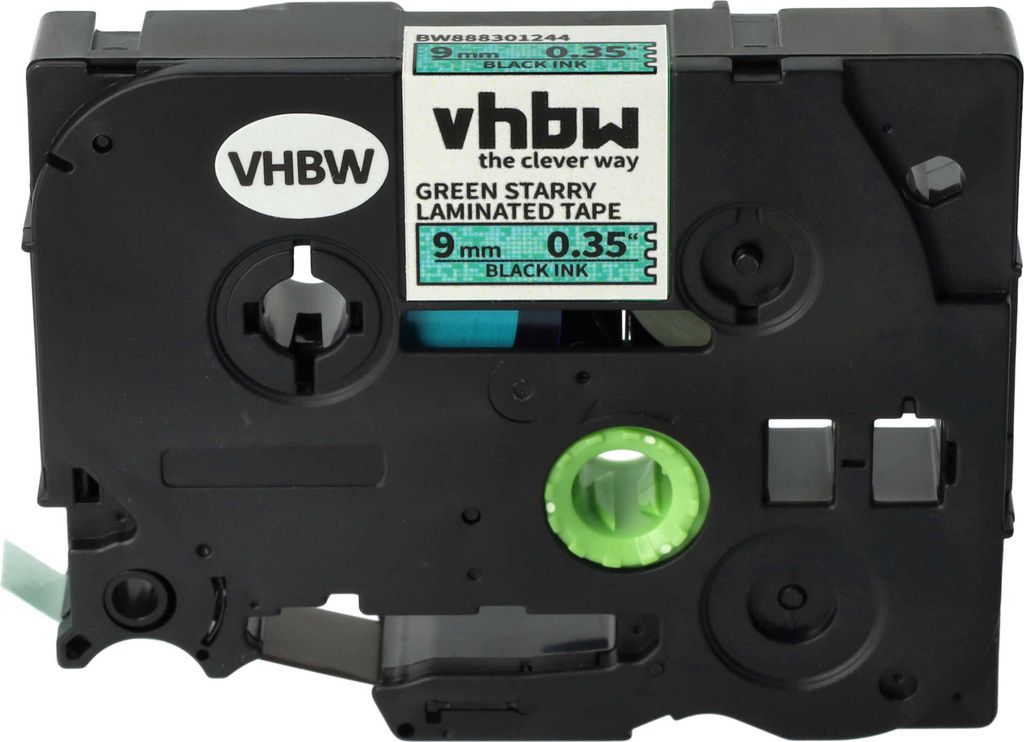 vhbw Schriftband-Kassette kompatibel mit Brother PT 1000, 1080, 1010 Etiketten-Drucker 8m x 9mm Schwarz auf Grün (Glitter), Kunststoff, Laminiert