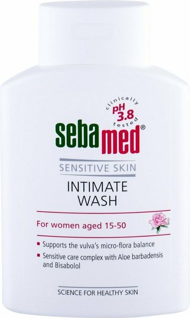 A white bottle of Sebamed Intimate Wash for sensitive skin.