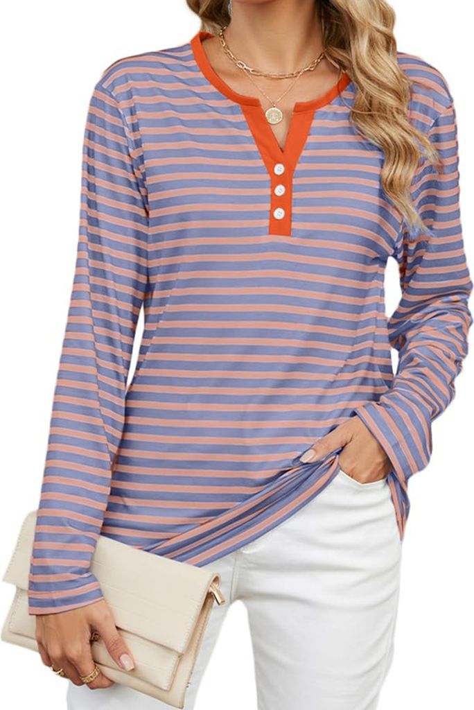 ASKSA Damen T-Shirt V Ausschnitt Knopf Gestreift Langarmshirts Basic Laessig Bluse Elegant Lose Oberteile (Rosa,XL)