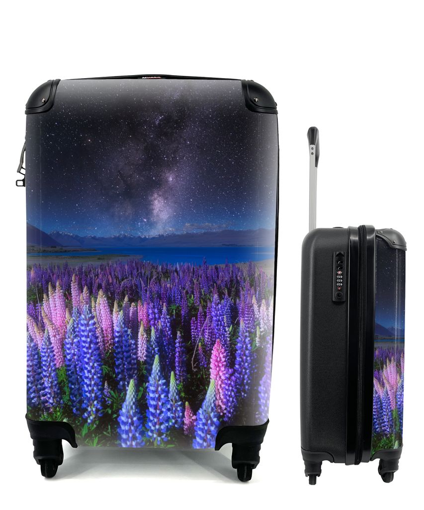 MuchoWow Koffer Handgepäck Trolley Rollkoffer Kleine Reisekoffer mit 4 Rollen - Blumen - Nacht - Lupine - Sternenhimmel - Lila - Natur - Cabin S...