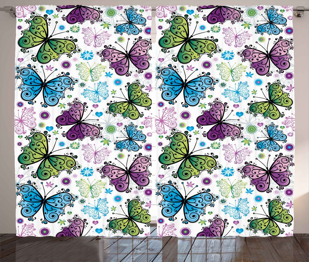 ABAKUHAUS Schmetterling Rustikaler Vorhang, Wings Hearts and Dots, Wohnzimmer Universalband Gardinen mit Schlaufen und Haken, 280 x 175 cm, Mehrfarbig