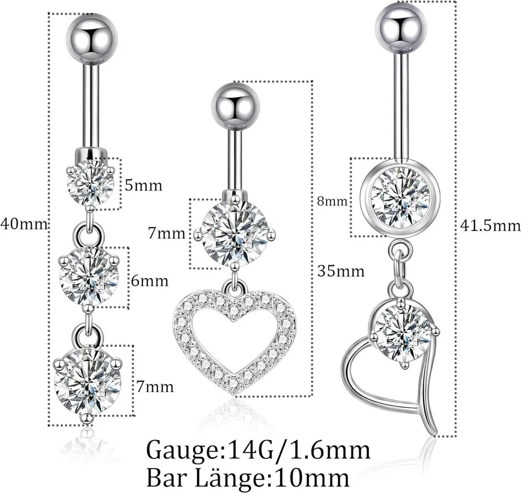 Piercing Nombril Cœur Suspendu en Zirconium de Qualité Supérieure 14G