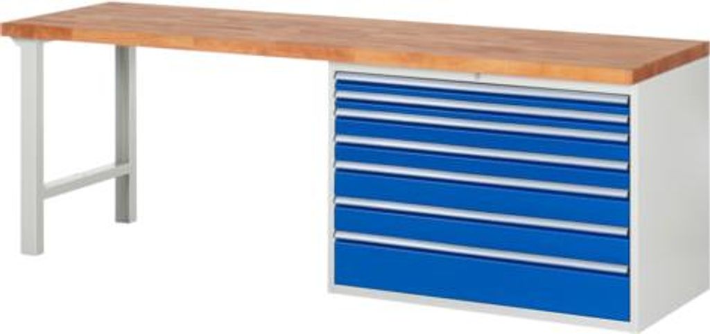 Werkbank mit 7 XXL Schubladen - Teilauszug - 60:2 / 90:2 / 120:2 / 180:1 - 840 x 2.500 x 700 mm (HxBxT) - Traglast 1.000 kg - Buche