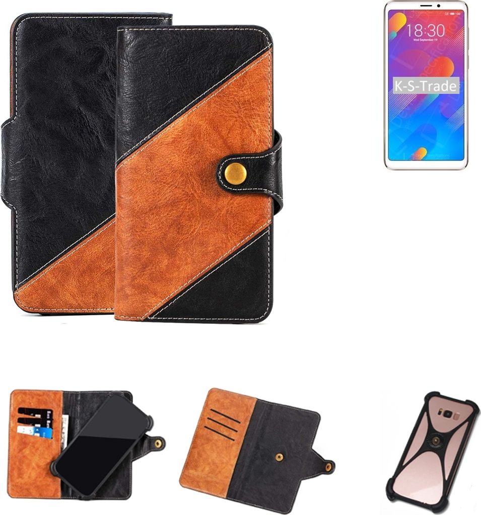 K-S-Trade Handyhülle Schutzhülle Bookstyle Case Wallet-Case kompatibel mit Meizu M8 Handy Cover Bumper Klapphülle schwarz hellbraun 1x