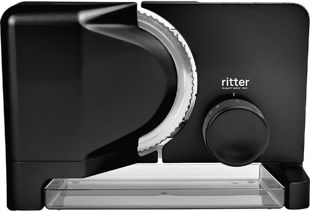 A black Ritter brand food slicer is shown in a close-up studio shot with a white background.