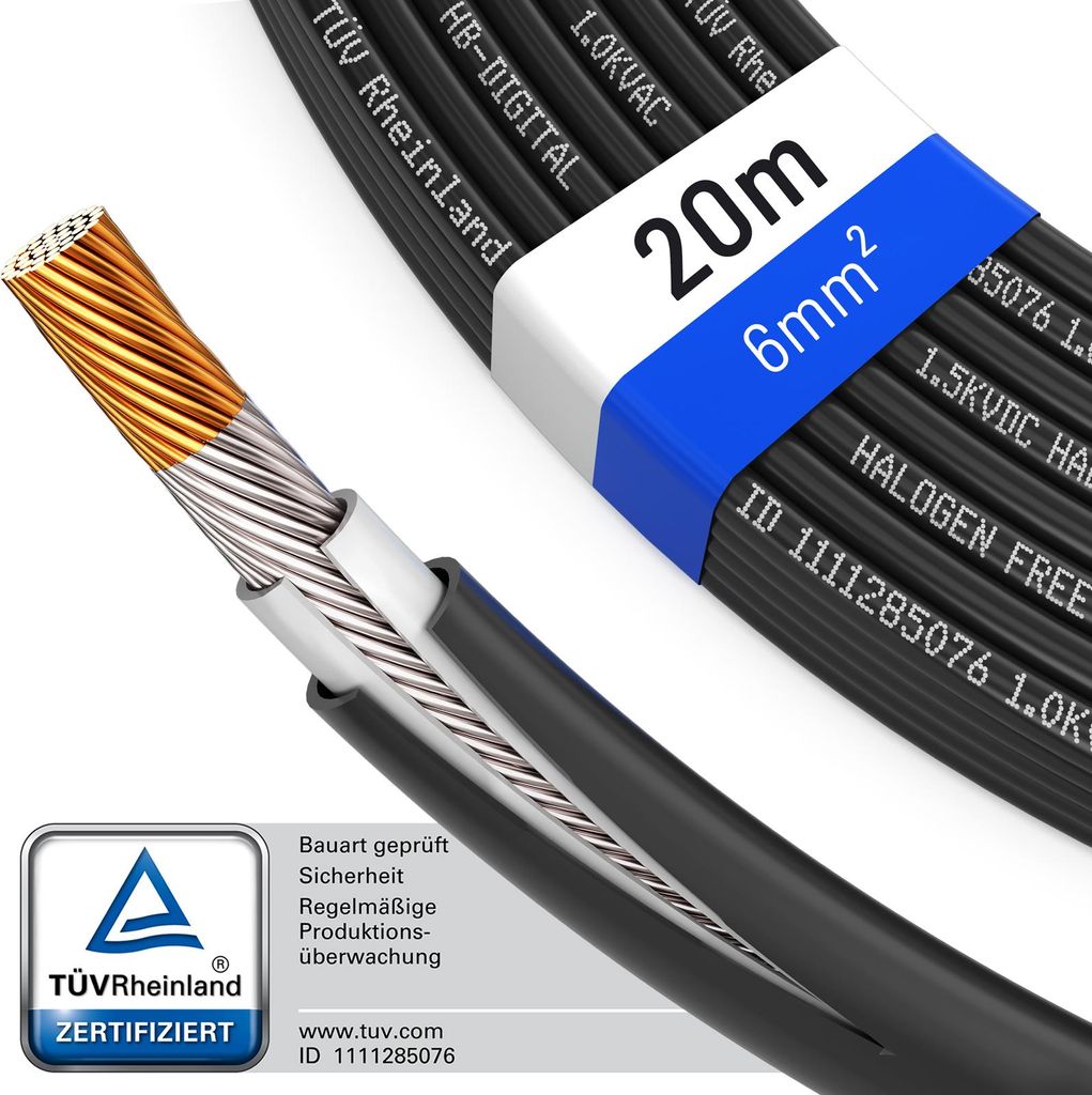 hb-digital Solarkabel 20m H1Z2Z2-K Photovoltaik Kabel 6mm2 für Solaranlagen schwarz