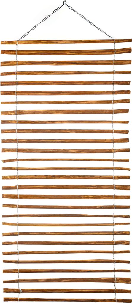 A hanging bamboo blind or screen.