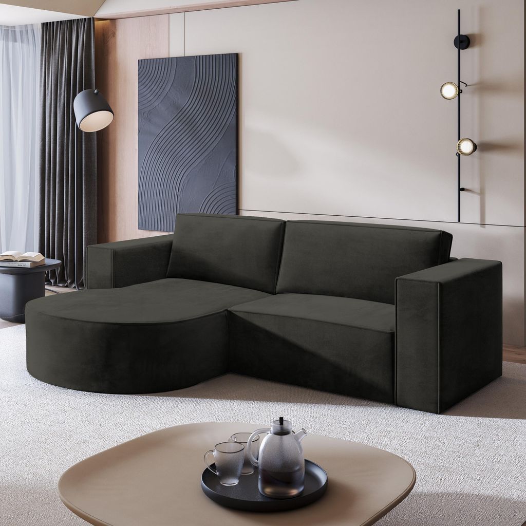 Masseno Ecksofa SORELA M L-S mit Schlaffunktion L-Form, Sofa mit Bettkasten, Wohnzimmersofa, Couch, Soffa, Bettsofa, Couchgarnitur- Schwarz, MONOLI...