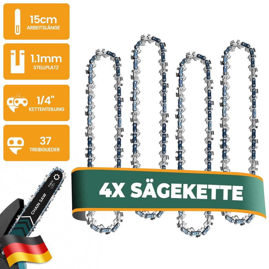 4 Stück 6 Zoll Mini-Kettensäge Ersatzkette, 1/4" LP Teilung 37 Treibglieder, passend kabellose Handkettensäge, Zubehör für Holzarbeiten und Ga...