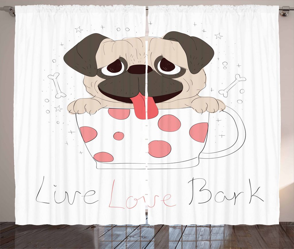 ABAKUHAUS Mops Rustikaler Vorhang, Live Love Bark Wörter Lustig, Wohnzimmer Universalband Gardinen mit Schlaufen und Haken, 280 x 245 cm, Pink Sch...