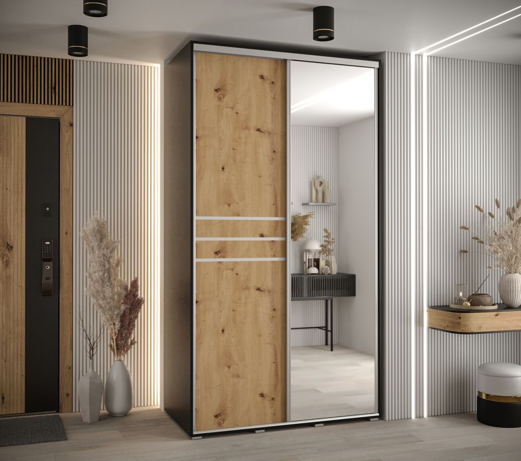 Kleiderschrank ASIRI 11 - 130/60 cm, Schwarz / Artisan-Eiche / Silber