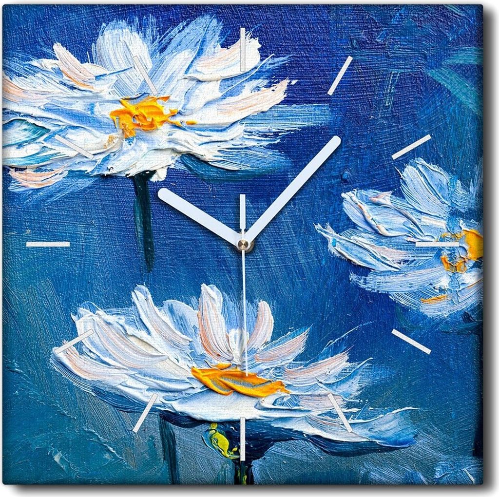 Coloray Uhr auf Leinwand 30x30 cm Wand Uhr Dekoration Wohnzimmer Segeltuch weiße Zeiger -Natur blüht Gänseblümchen