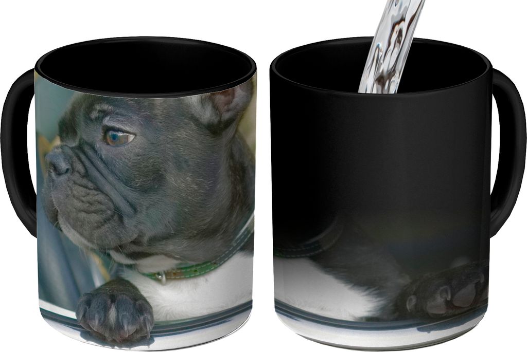 MuchoWow Zauber Tasse Zaubertasse Magic Französische Bulldogge - Auto - Rot 350 ml Farbwechsel Becher Geschenk Geschenkidee - Magic-Tasse - Foto...