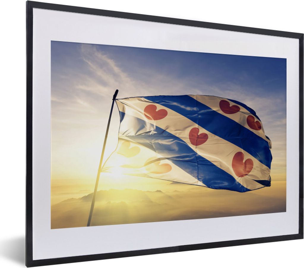 MuchoWow MuchoWow Gerahmtes Poster Friesland - Sonne - Friesische Flagge 40x30 cm - Poster mit zchwarzem Bilderrahmen - Bilderrahmen - Poster i...