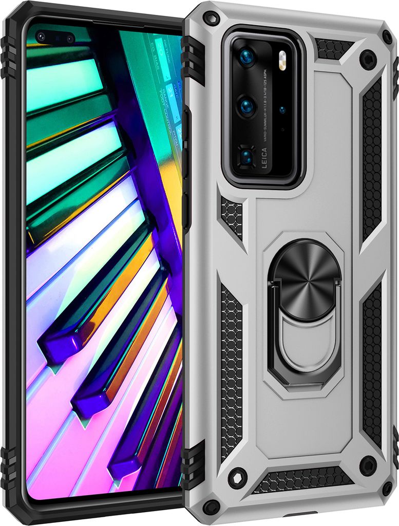 Huawei P40 Pro+ Hülle, Dual Layer Militäre Fallschutz Schutzhülle mit Ringhalterung Ständer für Huawei P40 Pro / P40 Pro+ Silber