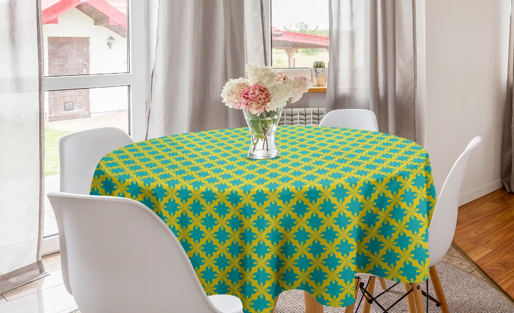 Tovaglia Rotonda 150cm ABAKUHAUS Damasco Turchese e Giallo Terra
