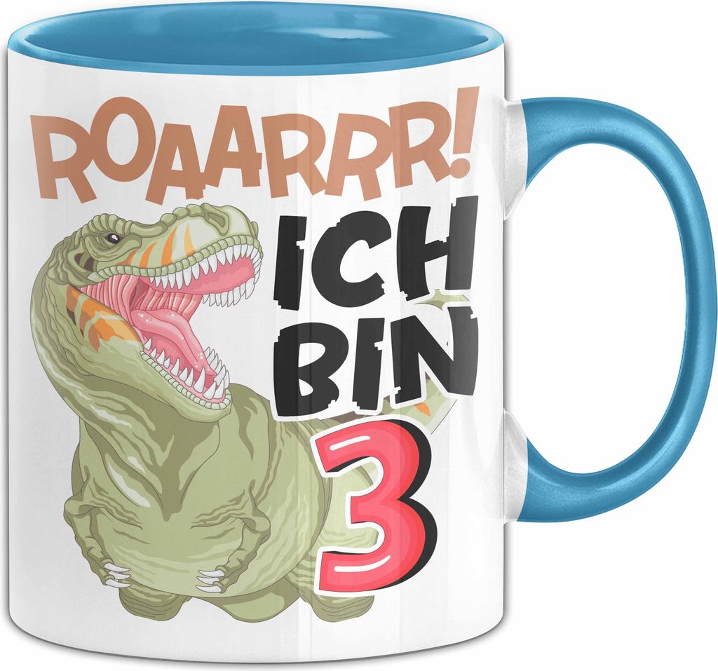 3. Geburtstag Geschenk Tasse Becher Jungs Dino T-Rex Roaarrr Ich Bin 3 (Blau)