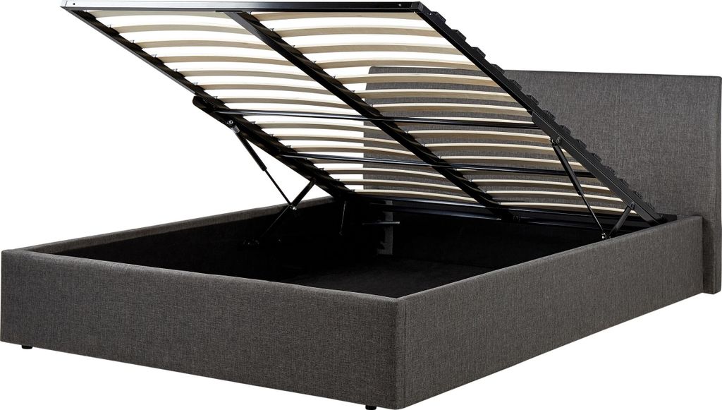 BELIANI Polsterbett Grau Leinenoptik Bettrahmen mit Lattenrost 140x200 cm Bettkasten Hochklappbar Hohes Kopfteil Modern Skandi Schlafzimmer Doppelbett