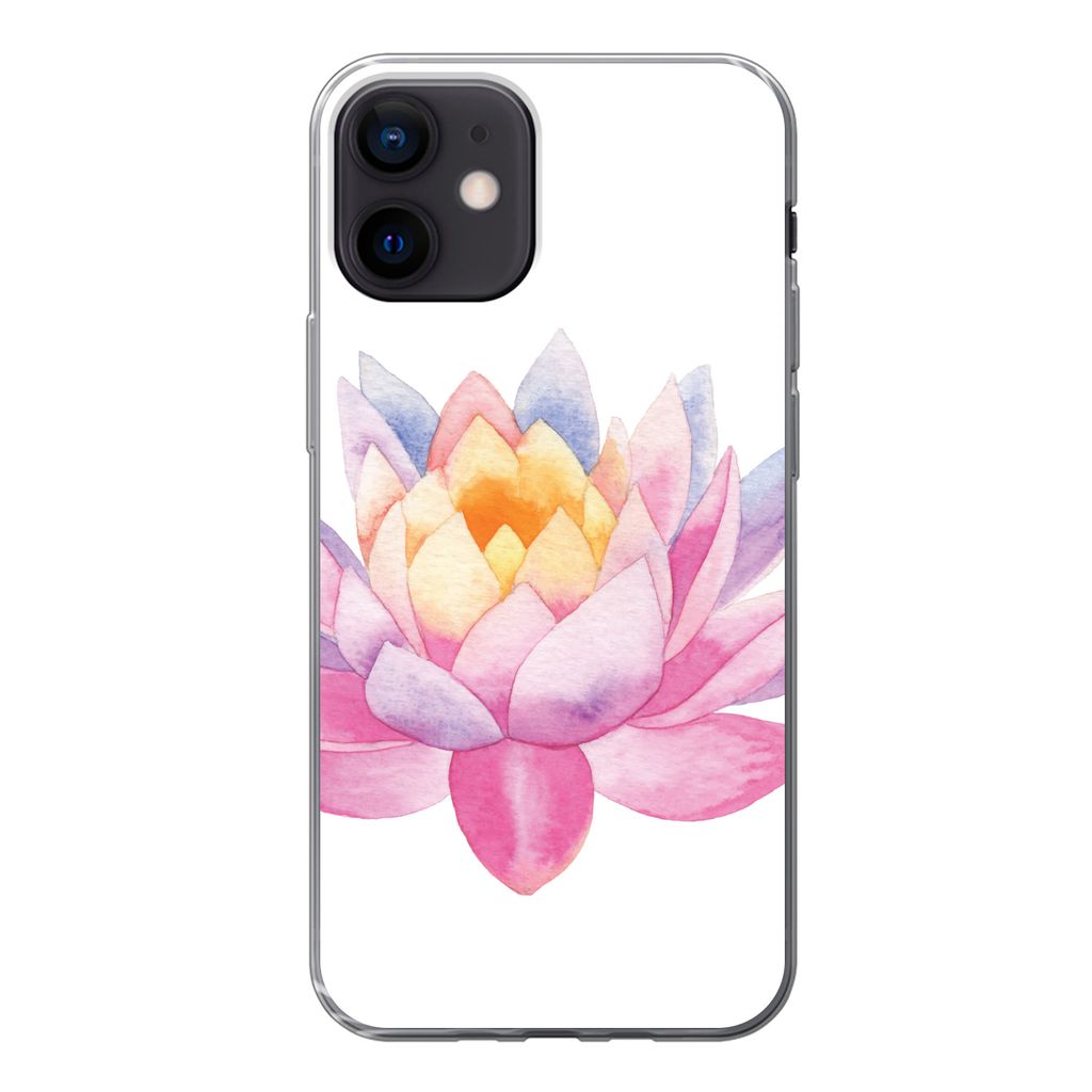 MuchoWow Handyhülle Schutzhülle Hülle für iPhone 12 Aquarell - Blume - Seerose Silikon Softcase Handy Hülle - Schutzhülle