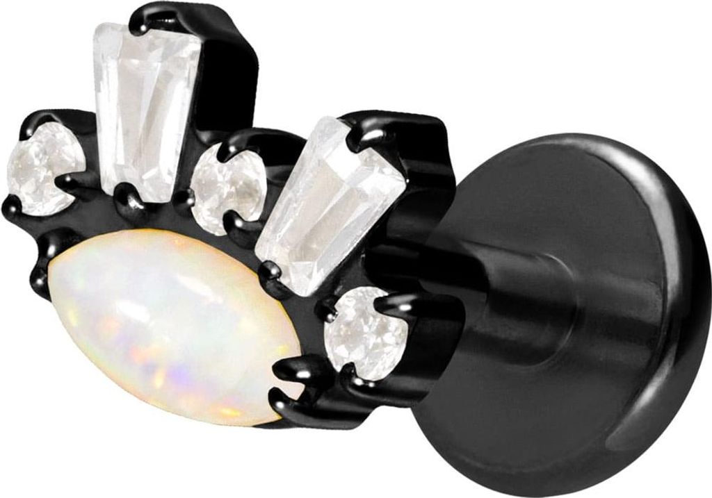 Ohrpiercing, Nasenpiercing Titan Labret mit Innengewinde SYNTHETISCHER OPAL + KRISTALLE Schwarz Stablänge: 10mm | Stabstärke: 1,2mm