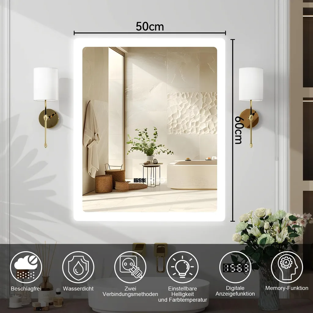 Miroir LED 60x50 cm à intensité variable et désembueur automatique - 5