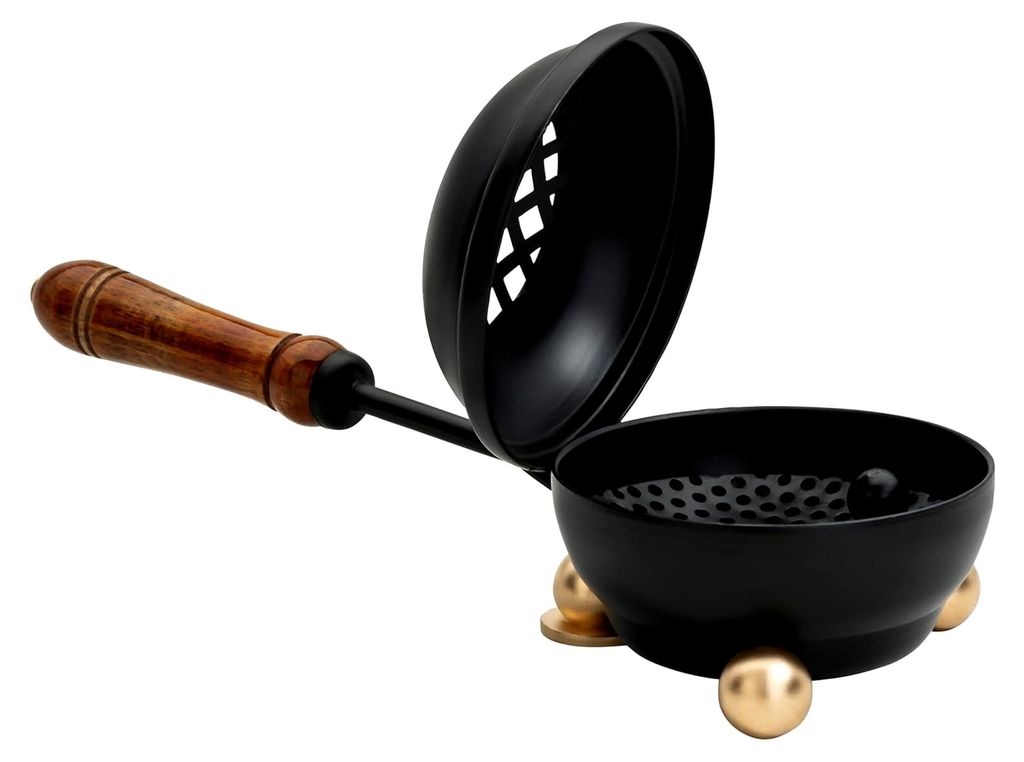 Räucherpfanne aus Eisen – kleines Räuchergefäß Ø 8 cm – ca. 22 cm lang – schwarz mit goldlackierten Füßen – handgefertigtes Räucher...
