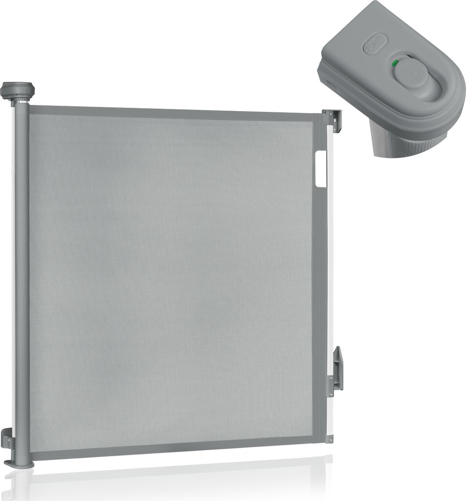 A gray retractable baby gate and a gray remote control are shown against a white background.