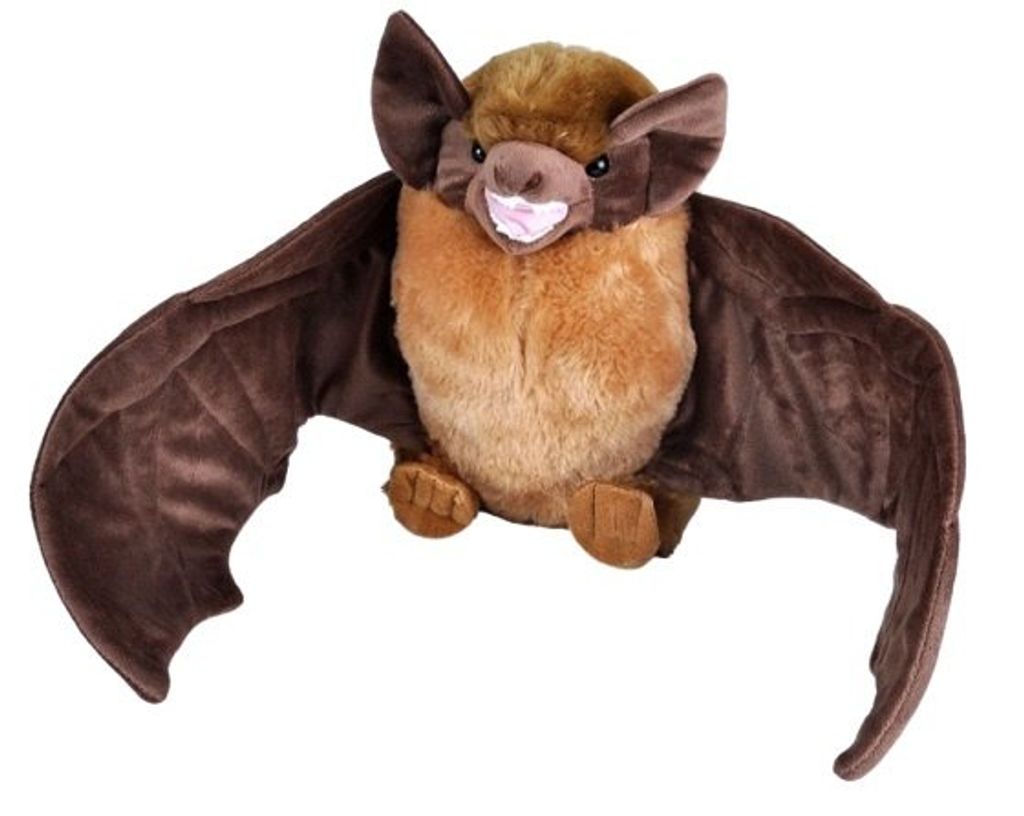 A plush toy bat is shown against a white background.