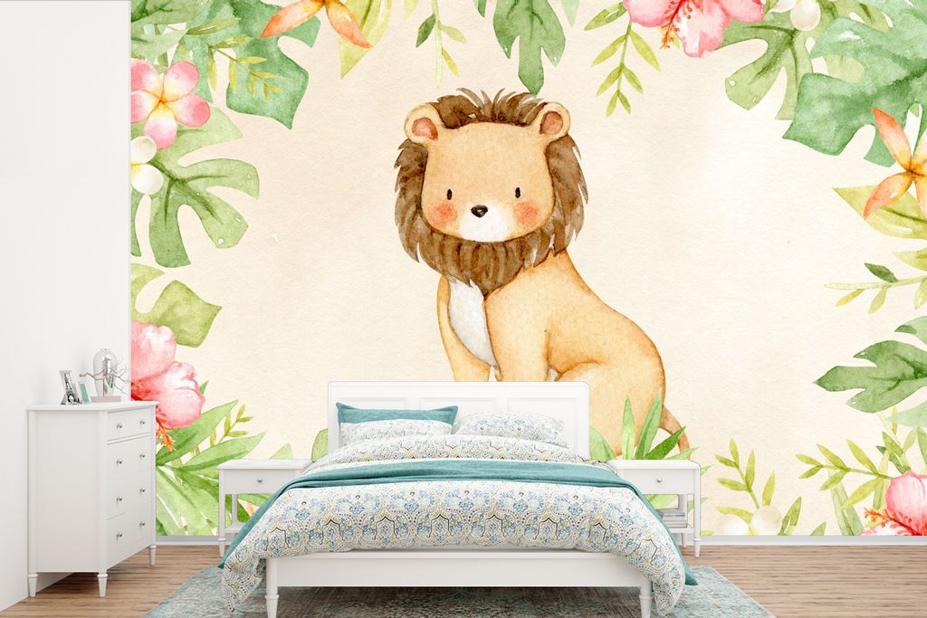 MuchoWow Fototapete für Wohnzimmer oder Schlafzimmer Wandtapete Vinyl Motivtapete Löwe - Dschungel - Aquarell - 360x240 cm - Vinyl-Tapete
