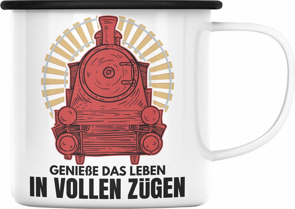 Trendation - Geniße Das Leben in Vollen Zügen Lokführer Emaille Tasse Geschenk Eisenbahner Spruch Lokomotive Geschenkidee Eisenbahn (Schwarz)