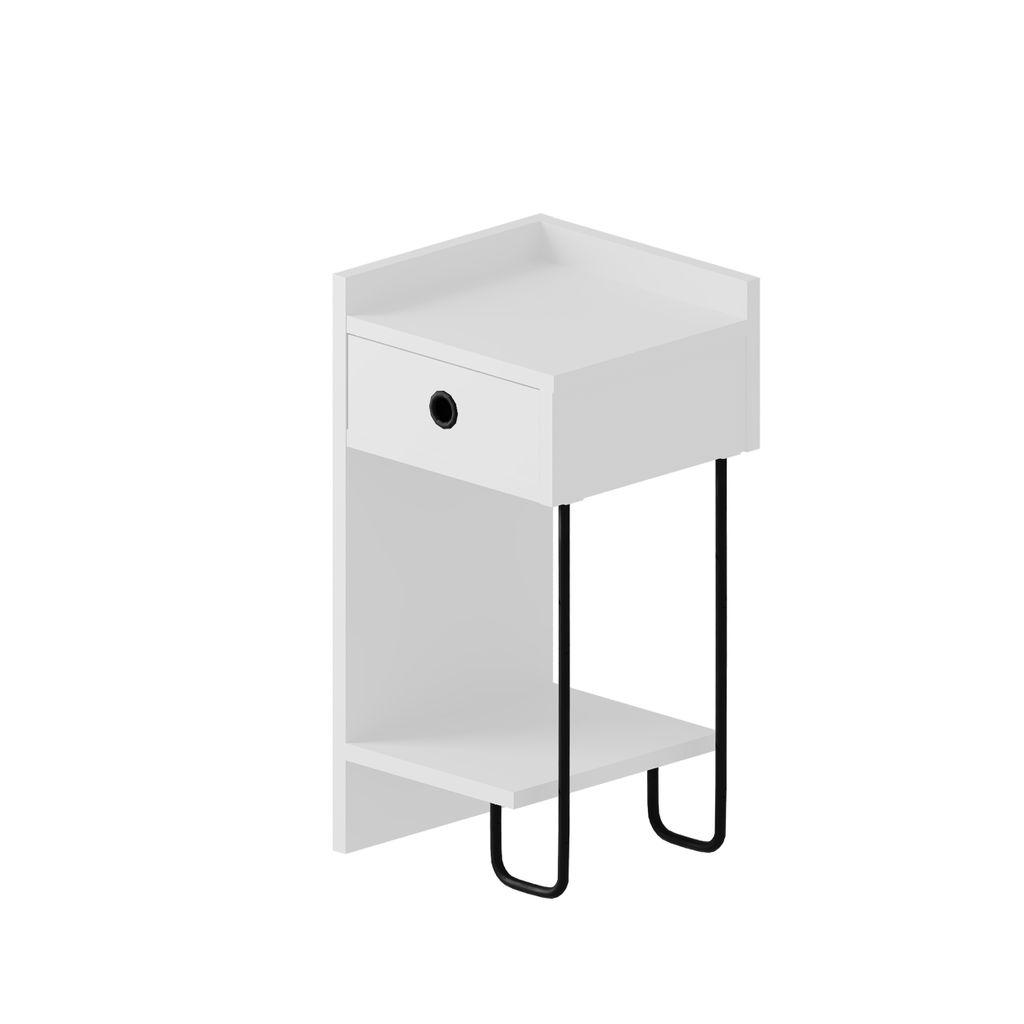 A white modern nightstand with a single drawer and a shelf, supported by black metal legs, isolated on a white background.