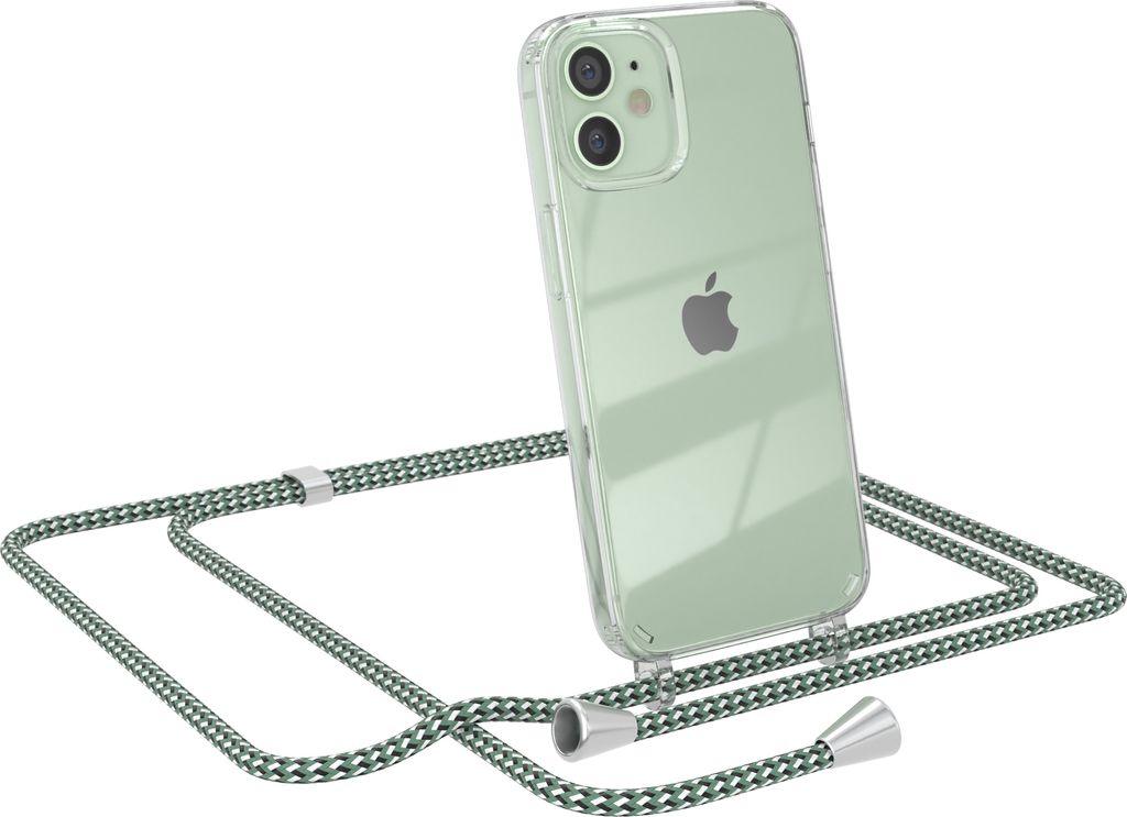 EAZY CASE Handykette kompatibel mit Apple iPhone 12 Mini, Handyhülle mit Umhängeband, Handykordel, Schutzhülle Clear, Band in Grün