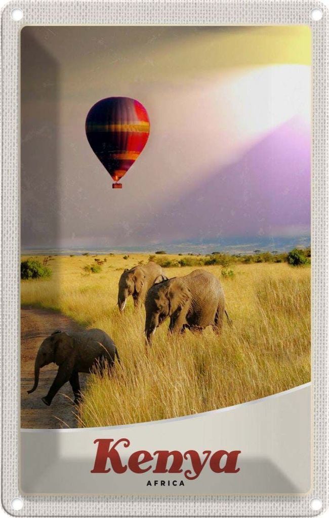 vianmo Blechschild 18x12 cm Kenia Afrika Elefanten Heißluftballon Bildmotiv Reisemotiv Abenteuer Reisen Urlaub