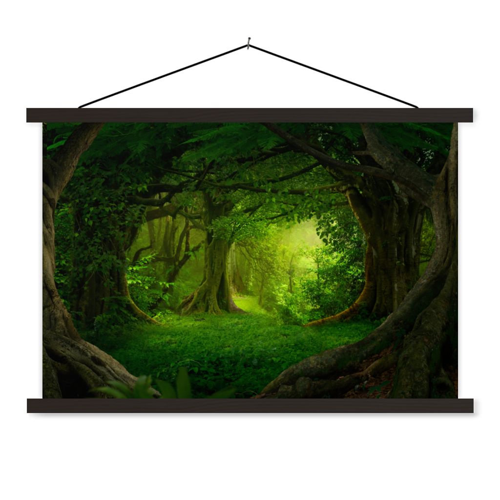 MuchoWow Textilposter Bäume - Wald - Grün - Landschaft - Natur 120x80 cm mit schwarzem Rahmen - Wanddeko