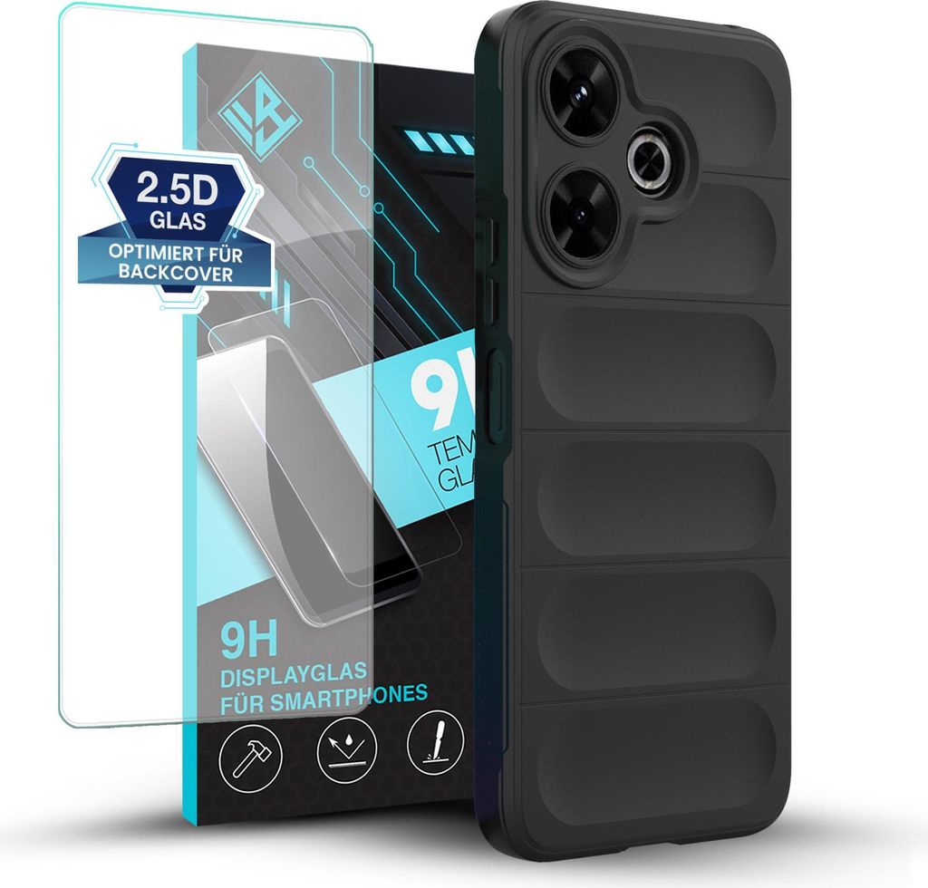 Handy Hülle für Xiaomi Redmi 13 mit 9H Displayglas Displayschutz Plus Grip Case Cover Schutzhülle Softgrip Farbe: Schwarz