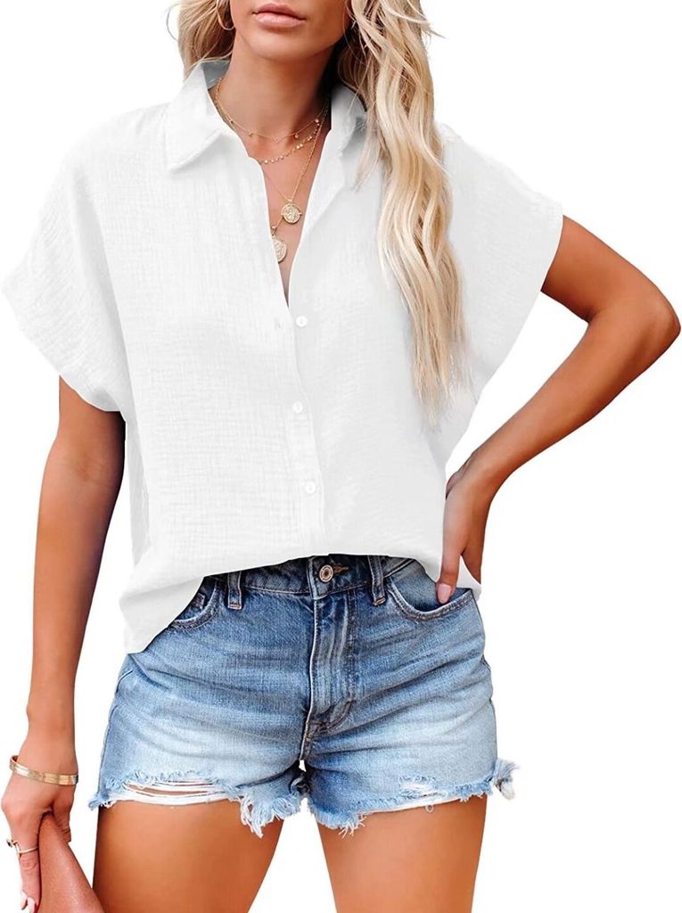 ASKSA Damen Knöpfen Bluse Kurzarm V-Ausschnitt Hemd Fledermausärmel Revers Oberteile Casual Lose Einfarbig Shirts, Weiß, M
