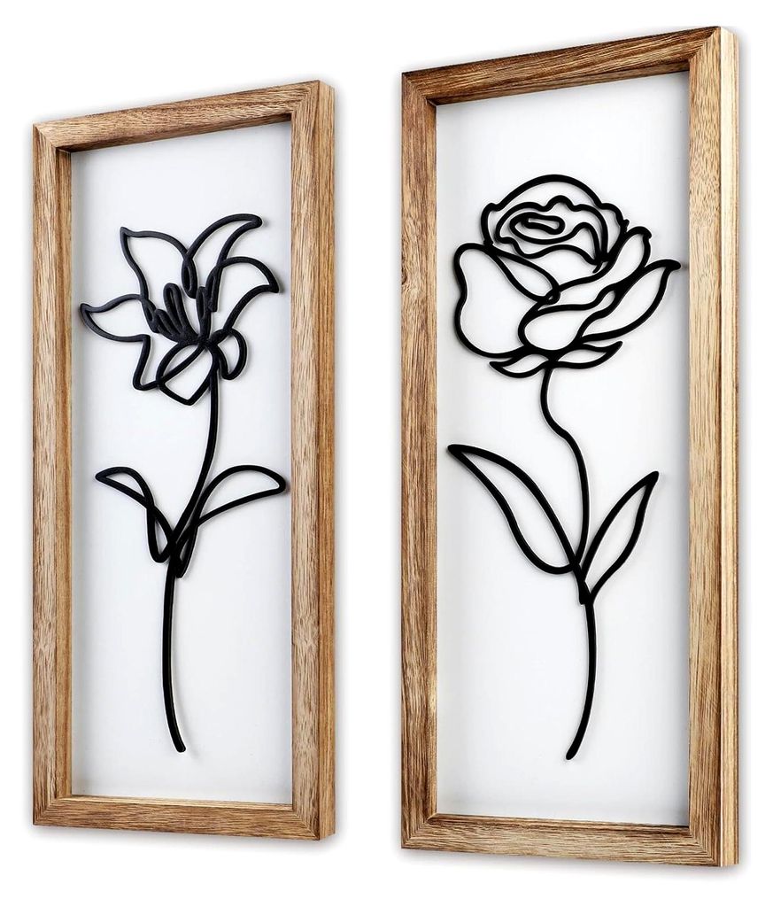 2 Stück Holz Boho Wanddeko 3D Blumen Wanddekoration Modern für Wohnzimmer