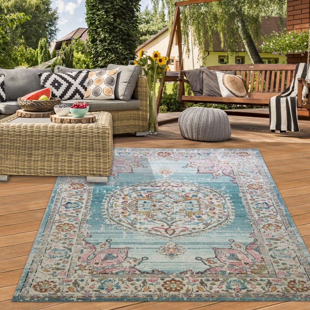 Teppich Orient Teppich Outdoor Wohnzimmerteppich Vintage in blau creme Größe - 240 x 340 cm