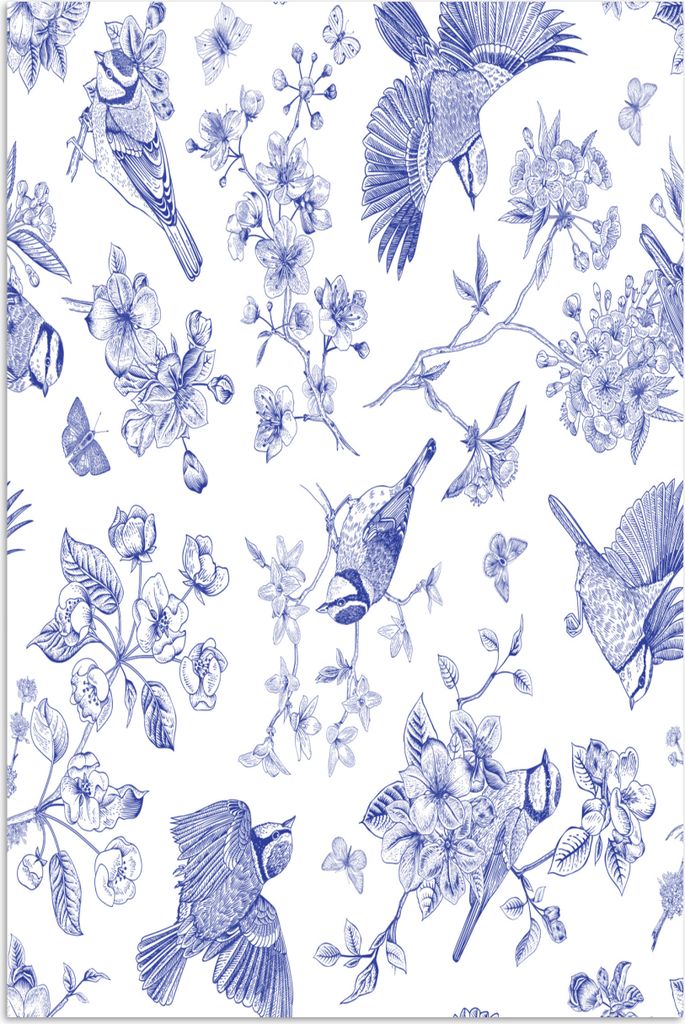 MuchoWow Poster Blumen - Vögel - Blau 60x90 cm - Wanddekoration