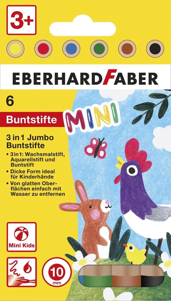 Eberhard Faber 518905 Crayons de Couleur Jumbo Mini Kids 3in1 - Lot de 6