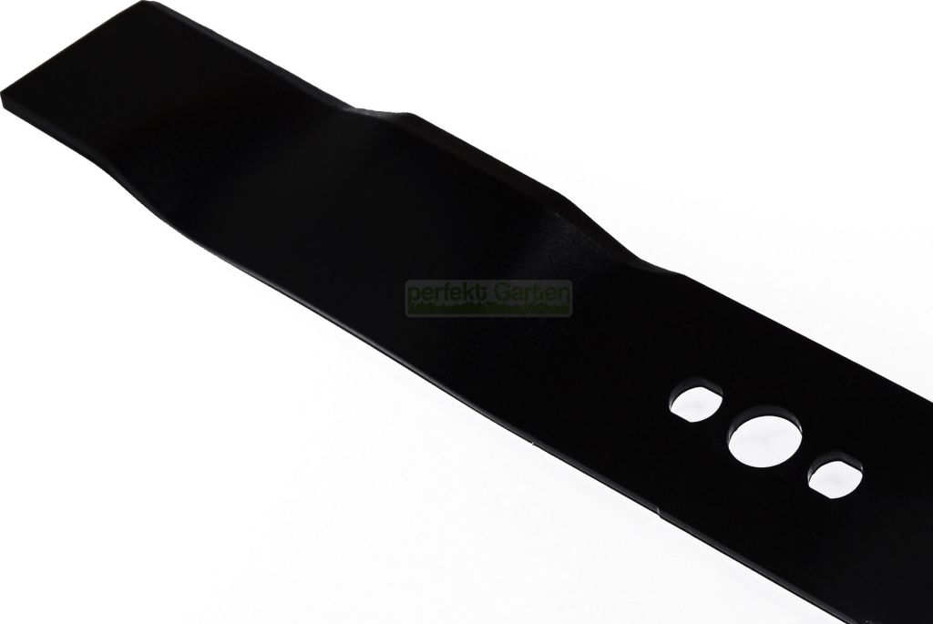A close-up, angled view of a black lawnmower blade against a white background.