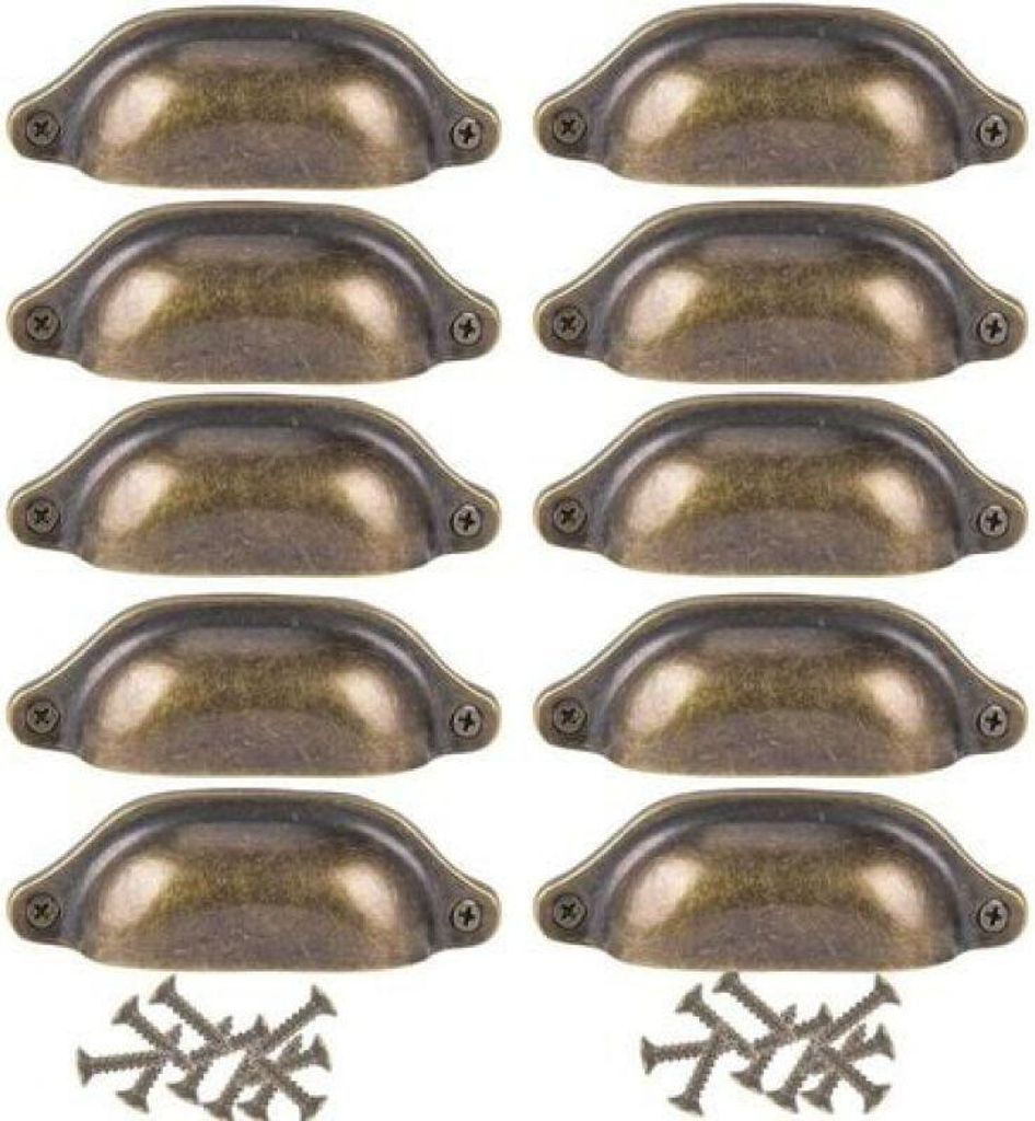 A set of 10 antique bronze shell drawer pulls and screws, arranged in rows on a white background.