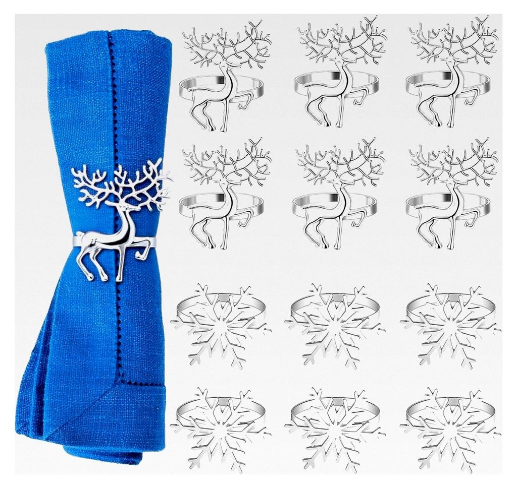 12 Stück Serviettenringhalter für die Tischdekoration zu Weihnachten - 6 Schneeflocken und 6 Rentier-Motive - Aus Legierung für Hochzeiten, Than...