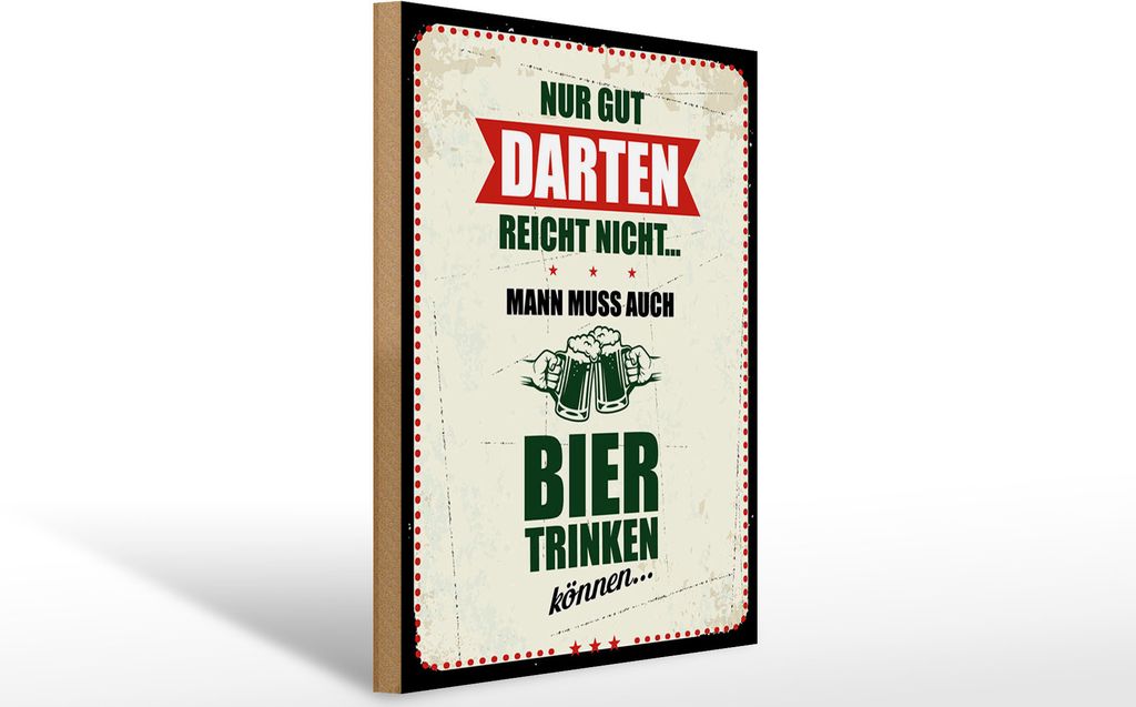 Holzschild Nur Gut Darten reicht nicht muss Bier trinken, 40 x 30 cm, Holzschilder Spruch Sport Hobby