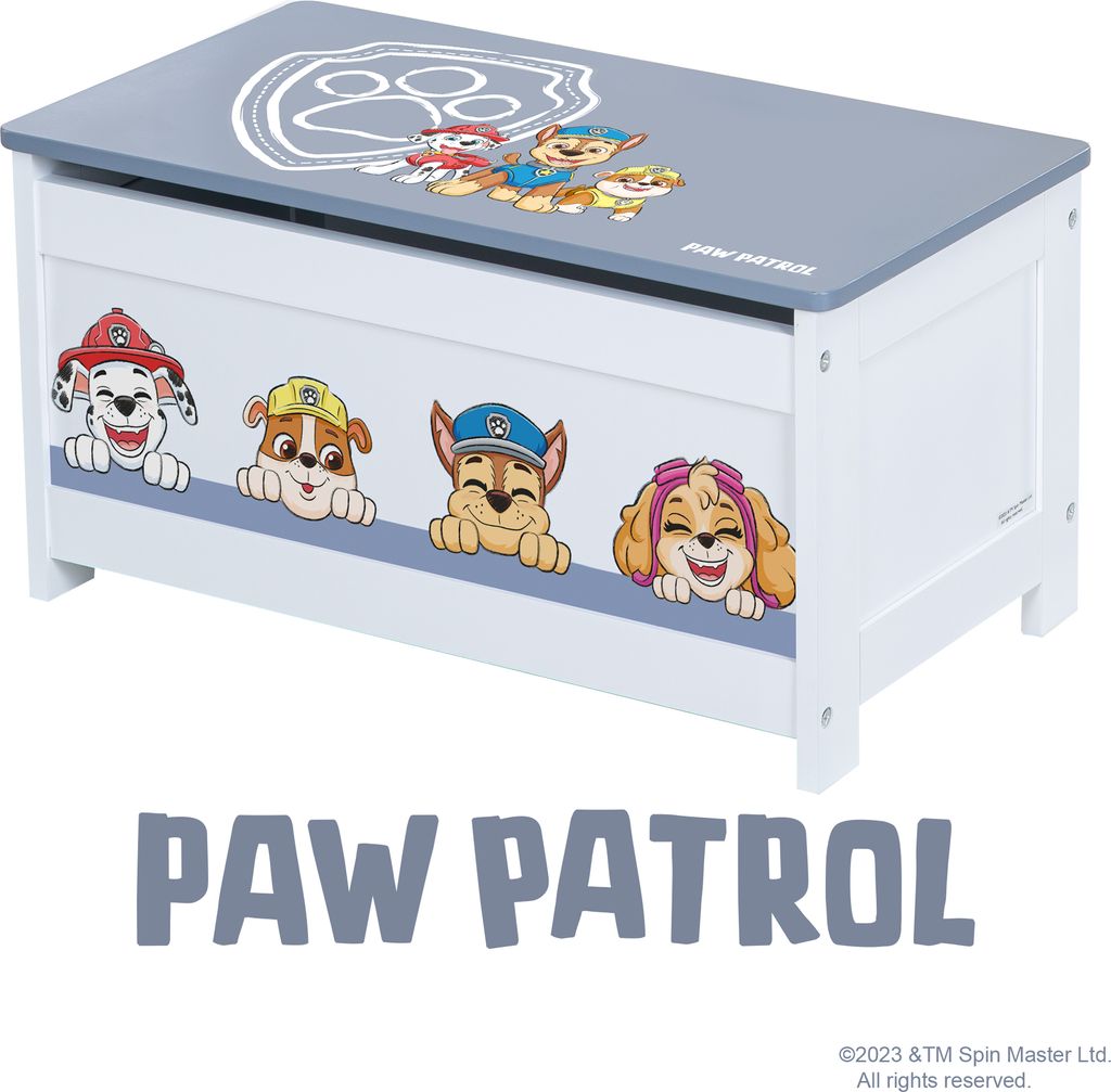 roba Spielzeugtruhe Paw Patrol für Kinder aus Holz - Aufklappbare Sitzfläche mit Dämpfungsbeschlag - Truhenbank weiß / blau bedruckt