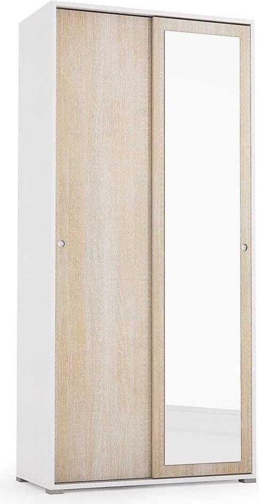 Schrank in Weiß und Eichen-Optik mit Spiegeltür und Kleiderstange