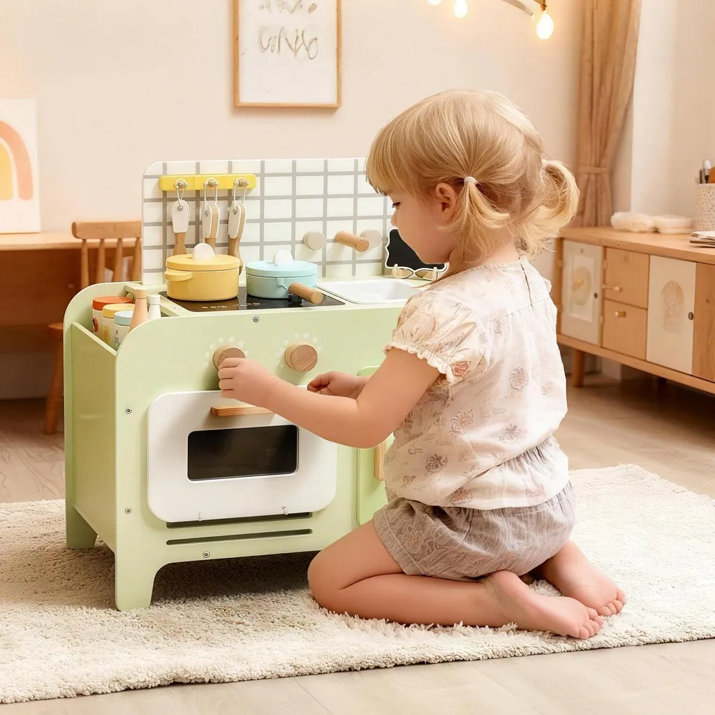 Cuisine jouet en bois MDF vert, set de 15 pièces, format compact 40cm - 2