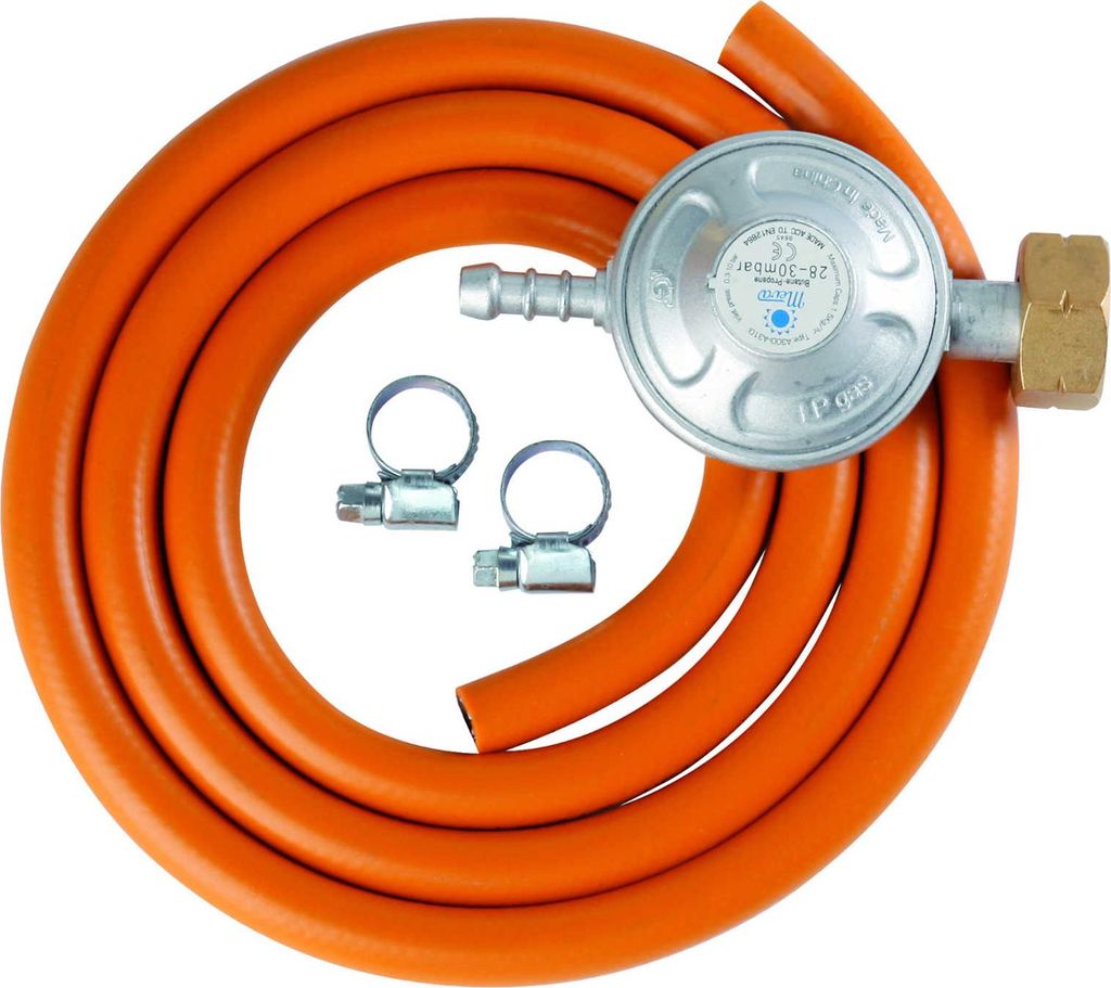 A coiled orange gas hose with a silver pressure regulator and two hose clamps, laid out on a white background.
